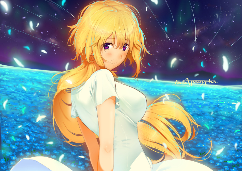 1girl arms_behind_back bangs blonde_hair blush breasts closed_mouth commentary copyright_name dress fate/apocrypha fate_(series) field from_behind hair_between_eyes jeanne_d'arc_(fate) jeanne_d'arc_(fate)_(all) large_breasts long_hair looking_at_viewer looking_back night petals poligon_(046) ponytail purple_sky shooting_star short_sleeves sky smile solo star_(sky) starry_sky very_long_hair violet_eyes white_dress