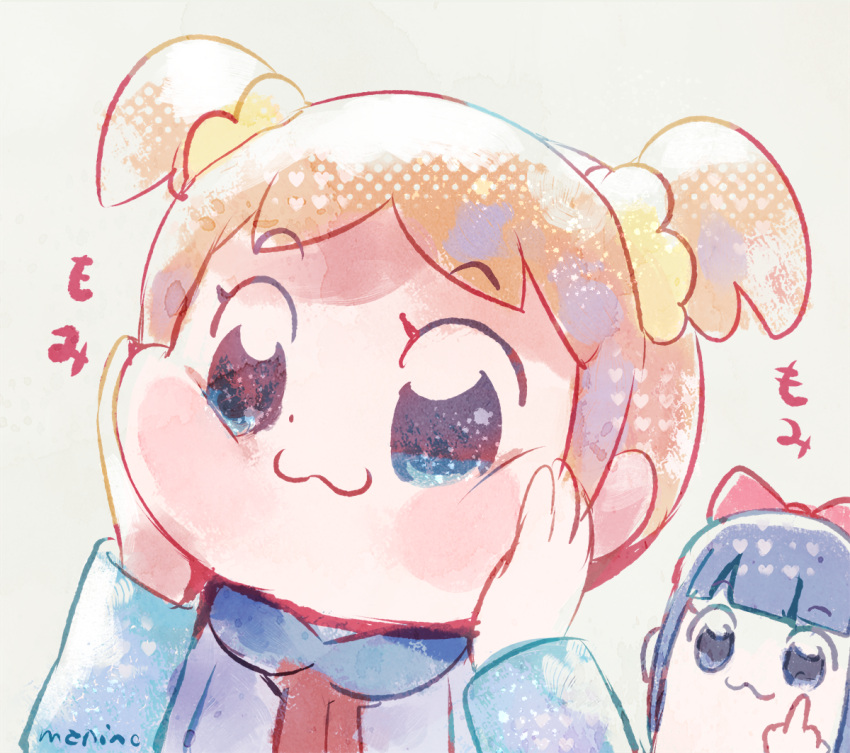 2girls :3 artist_name bangs blue_eyes blue_hair blue_sailor_collar blunt_bangs blush_stickers bow closed_mouth commentary_request eyebrows_visible_through_hair grey_background hair_bow hair_ornament hair_scrunchie hands_on_own_cheeks hands_on_own_face hands_up long_sleeves manino_(mofuritaionaka) middle_finger multiple_girls neckerchief orange_hair pipimi poptepipic popuko red_bow red_neckwear sailor_collar school_uniform scrunchie serafuku signature simple_background twintails