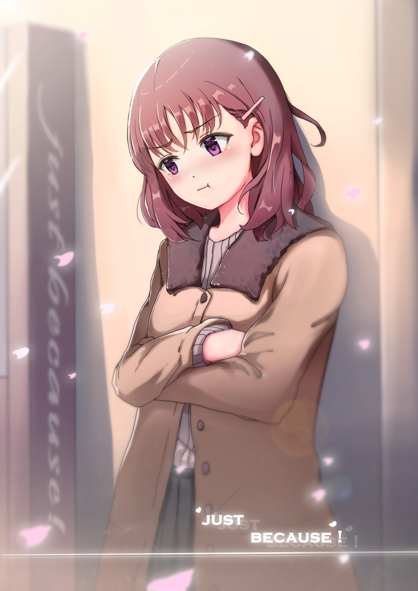 1girl absurdres black_skirt blurry blurry_background blush brown_hair coat copyright_name crossed_arms hair_ornament hairclip highres just_because! ki_nishi medium_hair natsume_mio outdoors petals pouty_lips skirt solo standing violet_eyes