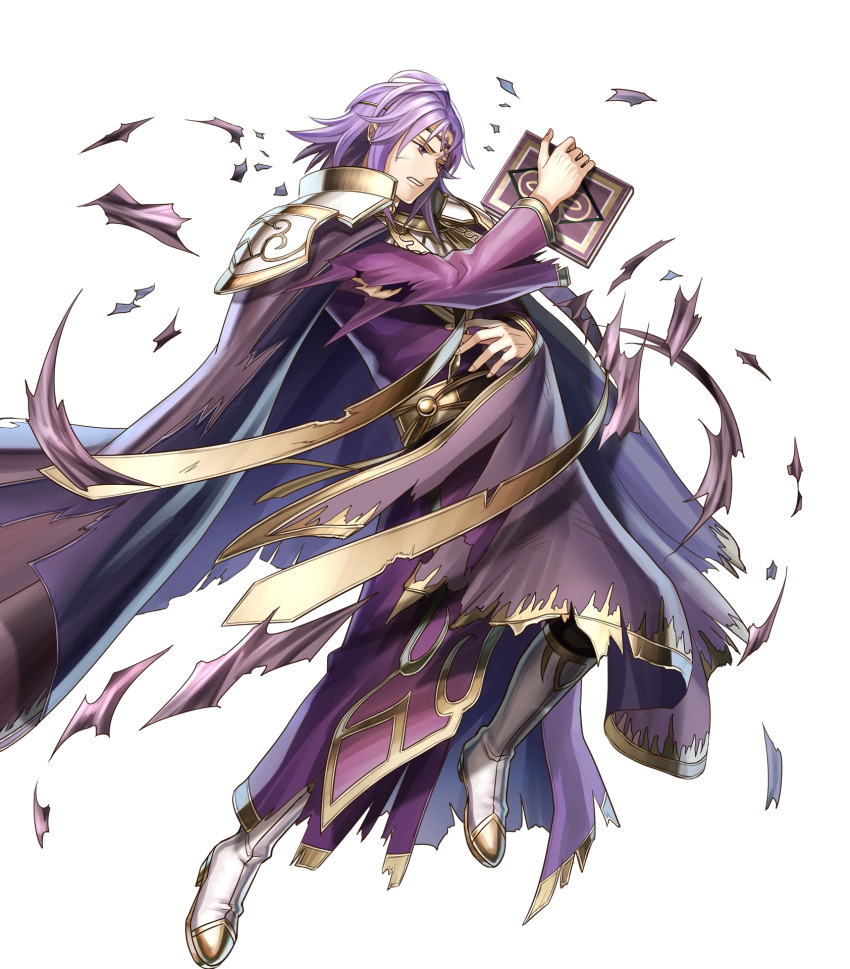1boy armor black_pants book boots cape circlet fire_emblem fire_emblem:_seima_no_kouseki fire_emblem_heroes haru_(toyst) highres holding holding_book injury knee_boots lips lyon_(fire_emblem) male_focus medium_hair official_art pants parted_lips purple_cape purple_hair robe scratches shoulder_armor solo standing tassel teeth torn_cape torn_clothes torn_sleeves turtleneck violet_eyes white_footwear wide_sleeves