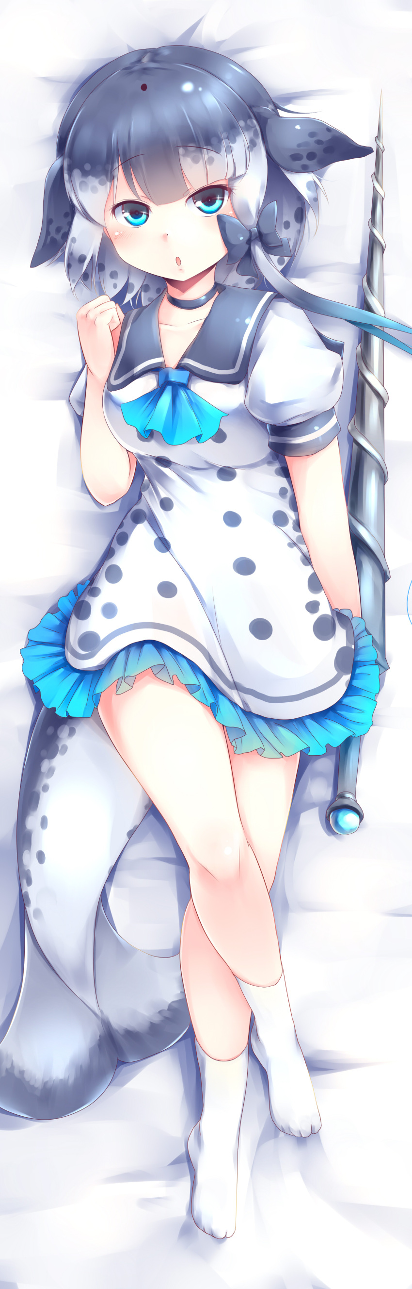 1girl absurdres aqua_eyes arm_at_side ascot bed_sheet black_bow black_choker blue_neckwear bow choker commentary_request dakimakura dress drillhorn_sword eyebrows_visible_through_hair frilled_dress frills grey_hair hair_bow highres kanzakietc kemono_friends legs_crossed looking_at_viewer lying multicolored_hair narwhal_(kemono_friends) narwhal_tail on_back open_mouth puffy_short_sleeves puffy_sleeves sailor_dress short_hair_with_long_locks short_sleeves socks solo tail weapon white_hair white_legwear