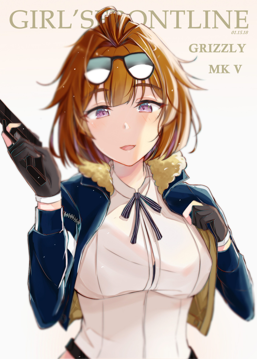 1girl bangs black_bra black_gloves blurry blush bra bra_peek breasts brown_hair character_name cropped_jacket dated eyebrows_visible_through_hair eyes_visible_through_hair eyewear_on_head fur-trimmed_jacket fur_trim girls_frontline gloves grizzly_mkv grizzly_mkv_(girls_frontline) gun hair_intakes half-closed_eyes handgun highres holding holding_gun holding_weapon jacket large_breasts looking_at_viewer mango_(mgo) open_clothes open_jacket open_mouth partly_fingerless_gloves pistol ribbon shirt short_hair sidelocks simple_background smile solo striped striped_ribbon sunglasses tareme thick_eyebrows underwear violet_eyes weapon white_shirt