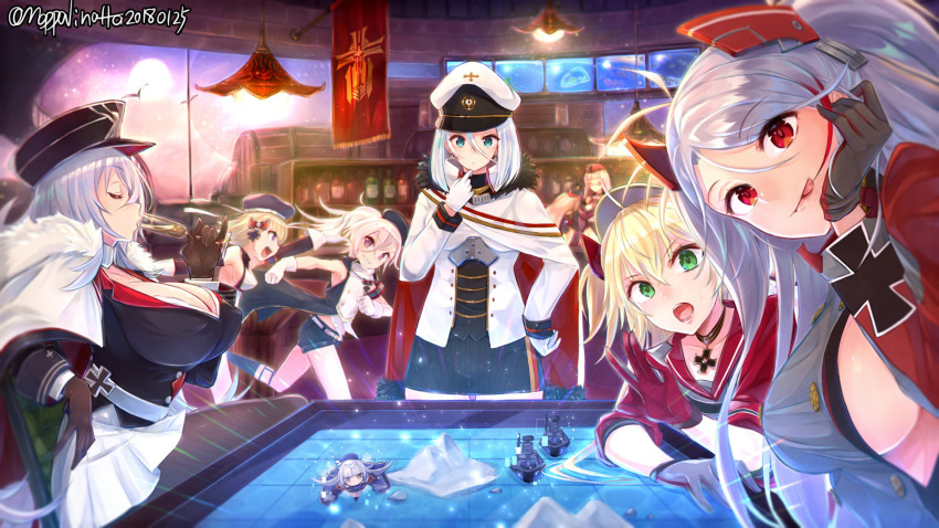 azur_lane blonde_hair breasts character_request cleavage green_eyes highres mappaninatta multiple_girls open_mouth prinz_eugen_(azur_lane) red_eyes short_hair sideboob silver_hair skirt tongue tongue_out