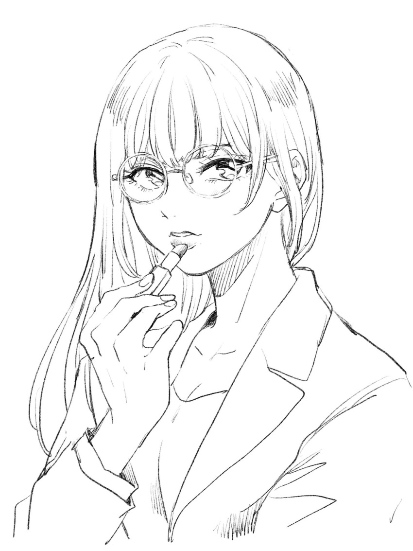 1girl applying_makeup bangs breasts cleavage commentary_request fingernails glasses greyscale hand_up highres holding jacket lipstick_tube long_hair looking_at_viewer monochrome nikaidou_kou original parted_lips shirt simple_background sketch solo upper_body white_background