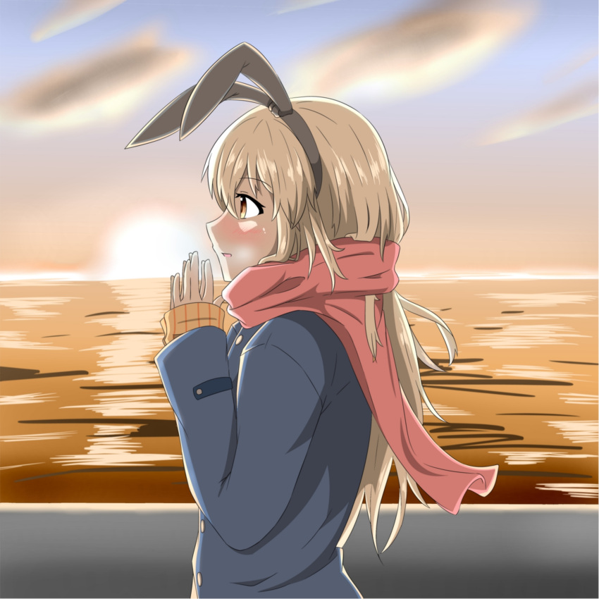 1girl alternate_costume alternate_hairstyle blonde_hair blue_coat blush brown_eyes clouds coat eyebrows_visible_through_hair from_side hairband highres kantai_collection long_hair long_sleeves looking_afar ocean open_mouth orange_sweater pink_scarf sakuramai_(sakuramai_0525) scarf shimakaze_(kantai_collection) sleeves_past_wrists solo sunset sweater tareme walking warming_hands water wind wind_lift