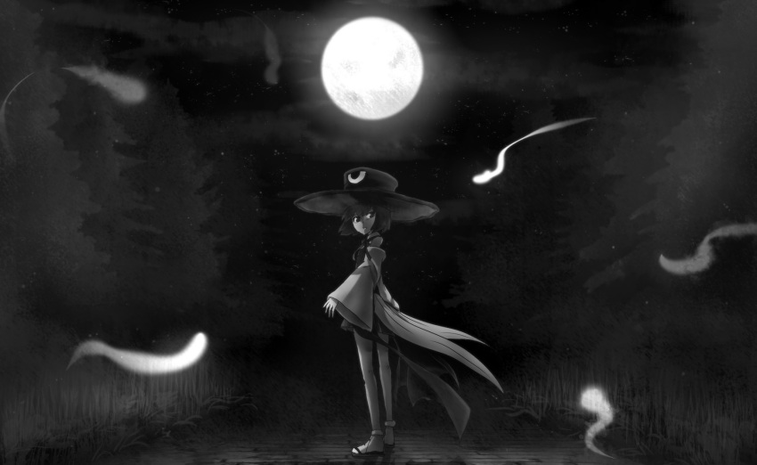 androgynous big_hat black_hair bow brilliant_pagoda_or_haze_castle detached_sleeves enraku_tsubakura geta ghost grey_eyes hat highres len'en lenk64 looking_back monochrome moon night night_sky ribbon short_hair shorts sky top_hat