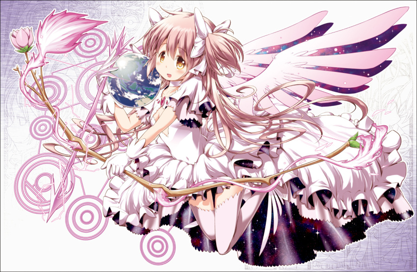 1girl arrow blush bow_(weapon) breasts chauke cleavage_cutout collar commentary_request dress eyebrows_visible_through_hair flower globe gloves goddess_madoka hair_between_eyes hair_ribbon holding holding_object holding_weapon kaname_madoka long_hair looking_at_viewer magic_circle magical_girl mahou_shoujo_madoka_magica open_mouth pink_hair ribbon rose short_twintails small_breasts solo twintails weapon white_dress white_gloves white_legwear wings yellow_eyes