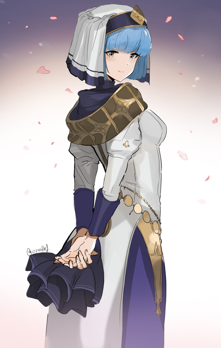 1girl absurdres blue_eyes blue_hair dotentity dress fire_emblem fire_emblem_echoes:_mou_hitori_no_eiyuuou highres looking_at_viewer short_hair silk_(fire_emblem) simple_background smile solo veil