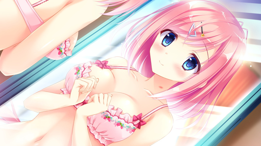 1girl antenna_hair blue_eyes blush bow bow_bra bra breasts cleavage eyebrows_visible_through_hair game_cg hair_ornament hairpin highres kimishima_ao koi_suru_kimochi_no_kasanekata kuonji_hiyori long_hair mirror navel pink_bra pink_hair reflection smile star star_hair_ornament underwear underwear_only