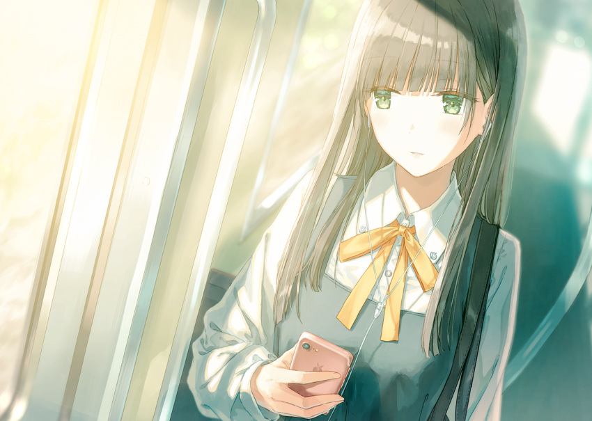 1girl bag bangs black_hair blunt_bangs blush cellphone commentary_request dutch_angle earphones expressionless green_eyes ground_vehicle hime_cut hiten_(hitenkei) holding indoors long_sleeves looking_at_viewer original phone revision shoulder_bag smartphone solo train upper_body