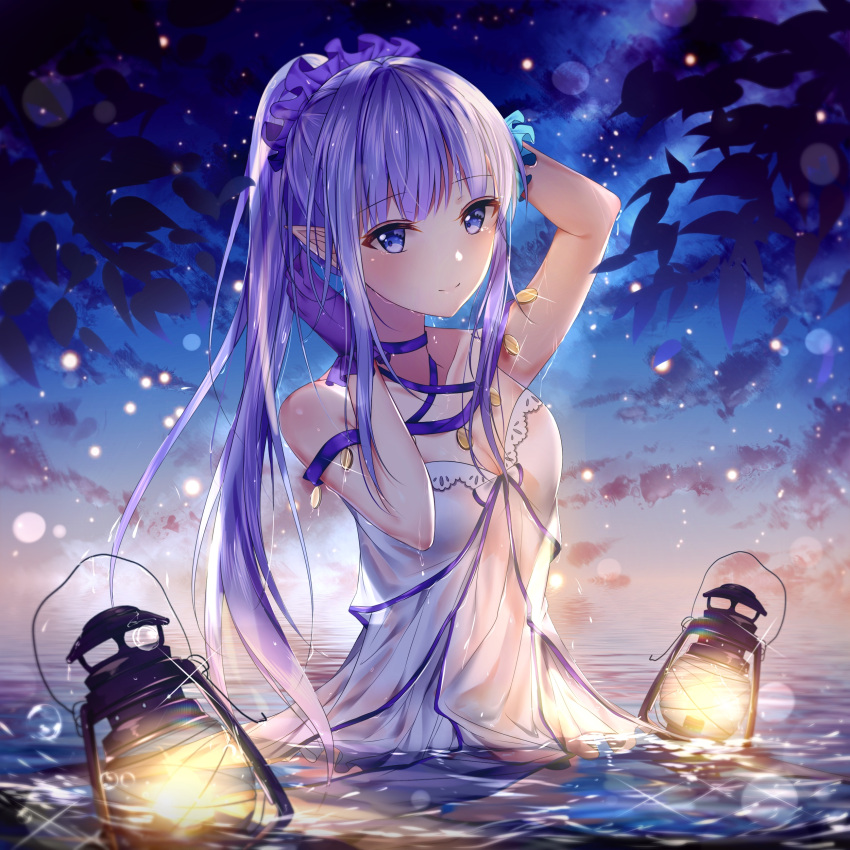 1girl absurdres arm_behind_head bangs blush breasts caster_lily choker cleavage closed_eyes eyebrows_visible_through_hair fate/grand_order fate_(series) gloves highres junpaku_karen lamp lens_flare light_particles long_hair looking_at_viewer night night_sky outdoors pointy_ears ponytail purple_gloves purple_hair scrunchie sky smile solo submerged violet_eyes wrist_scrunchie