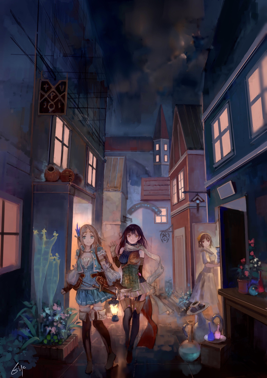 3girls absurdres arm_behind_back atelier_(series) atelier_firis black_hair book_stack boots breasts brown_eyes brown_gloves brown_hair building circlet clenched_hand closed_mouth dress erlenmeyer_flask firis_mistlud flower gloves green_eyes head_scarf highres holding ittou large_breasts liane_mistlud long_hair looking_at_viewer multiple_girls night outdoors plant potted_plant road round-bottom_flask scarf siblings sign sisters smile sophie_neuenmuller street thigh-highs thigh_boots walking waving white_dress white_scarf window