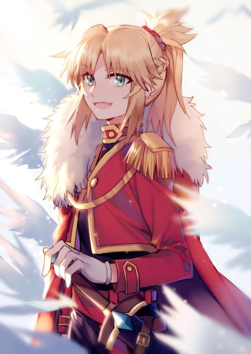 1girl :d absurdres bangs black_dress blonde_hair blurry blurry_background blurry_foreground cape depth_of_field dress epaulettes eyebrows_visible_through_hair fang fate/grand_order fate_(series) fur-trimmed_cape fur_trim gloves green_eyes high_ponytail highres holding holding_sword holding_weapon jacket long_sleeves looking_at_viewer mordred_(fate) mordred_(fate)_(all) open_mouth ponytail red_cape red_jacket sidelocks smile solo sword weapon white_gloves yorukun