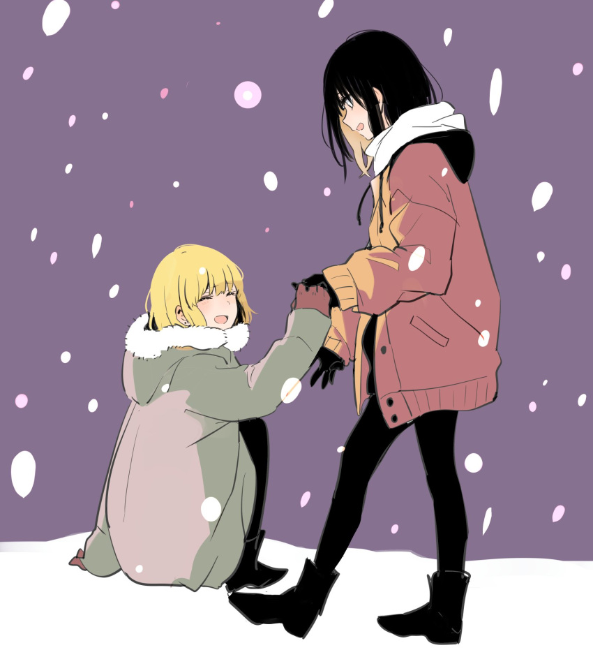 2girls :d ankle_boots black_footwear black_hair black_legwear blonde_hair blush boots brown_gloves coat commentary_request eyebrows_visible_through_hair fur_trim gloves highres long_sleeves looking_at_another monsieur multiple_girls open_mouth pantyhose purple_background scarf short_hair sitting smile snow snowing standing white_scarf