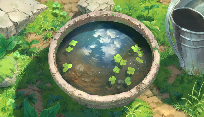 blue_sky bucket clouds day grass highres moss no_humans original outdoors pippi_(pixiv_1922055) plant reflection ripples rock sky still_life water watering_can