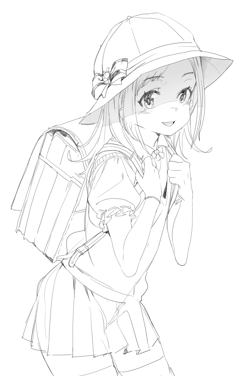 1girl :d absurdres backpack bag bangs blush collared_shirt commentary_request cowboy_shot eyebrows_visible_through_hair greyscale hat highres holding leaning_forward long_sleeves looking_at_viewer mammoth9878 monochrome open_mouth original pleated_skirt puffy_short_sleeves puffy_sleeves randoseru school_hat shirt short_sleeves simple_background skirt smile solo thigh-highs white_background