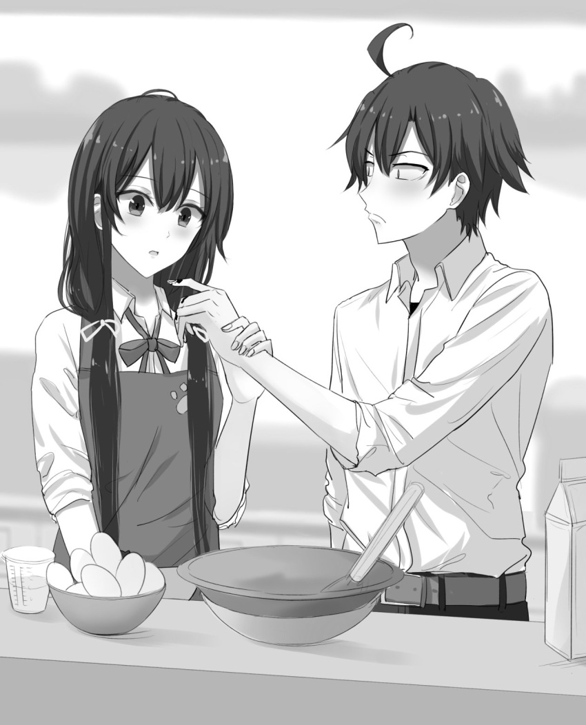 1boy 1girl ahoge apron chocolate chocolate_on_fingers cooking couple egg eyebrows_visible_through_hair food greyscale hair_between_eyes highres hikigaya_hachiman long_hair monochrome ponpon_(ponpon62126) valentine yahari_ore_no_seishun_lovecome_wa_machigatteiru. yukinoshita_yukino