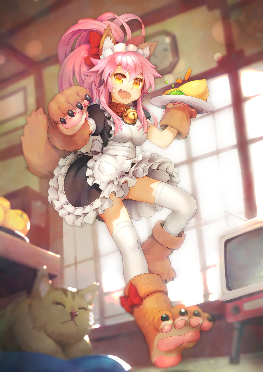alternate_costume animal animal_ears apron bell bell_collar breasts cat cat_paws closed_eyes collar enmaided fangs fate/grand_order fate_(series) food fox_ears fox_tail fruit gloves highres jingle_bell large_breasts long_hair looking_at_viewer maid maid_apron maid_headdress open_mouth orange paw_gloves paw_shoes paws pink_hair ponytail segamark shoes tail tamamo_(fate)_(all) tamamo_cat_(fate) white_legwear yellow_eyes