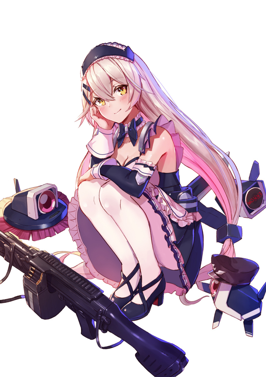 1girl alternate_costume apron bangs black_bow black_footwear blush bow bow_choker breasts bullet character_name choker cleavage collarbone corset detached_sleeves dinergate_(girls_frontline) enmaided frilled_choker frilled_skirt frills full_body girls_frontline gun h&amp;k_mg4 hair_between_eyes hair_ornament hairclip hat head_in_hand head_tilt heckler_&amp;_koch highres holding holding_mop holding_shoes long_hair looking_at_viewer low_twintails magazine_(weapon) maid maid_apron maid_headdress medium_breasts mg4_(girls_frontline) pantyhose peaked_cap ranyu shoes sidelocks silver_hair simple_background skirt smile solo squatting twintails very_long_hair weapon white_background white_legwear yellow_eyes