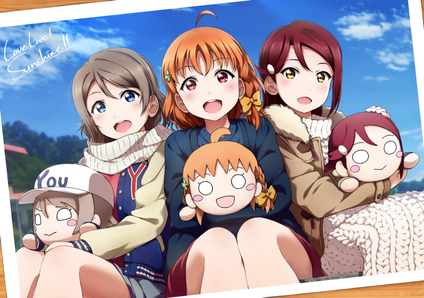 3girls :d ahoge bangs blue_eyes blush bow braid brown_coat character_doll clover_hair_ornament coat copyright_name dress fur-trimmed_coat fur_trim grey_hair hair_bow hair_ornament hairclip hat headwear_writing highres jacket long_hair long_sleeves looking_at_viewer love_live! love_live!_sunshine!! multiple_girls nesoberi open_mouth orange_hair photo_(object) red_eyes redhead sakurauchi_riko scarf shiimai short_hair side_braid sitting smile sweater sweater_dress takami_chika watanabe_you white_dress white_scarf white_sweater yellow_bow yellow_eyes