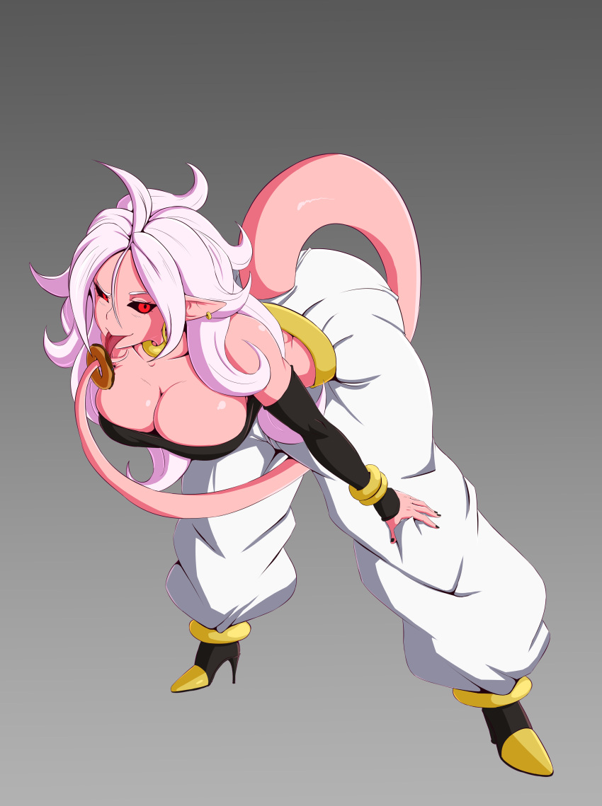 1girl absurdres android_21 black_sclera breasts cleavage doughnut dragon_ball dragon_ball_fighterz food harem_pants high_heels highres kikoshou leaning_forward looking_at_viewer majin_android_21 messy_hair monster_girl pants pink_skin pointy_ears red_eyes smile solo tail tail_between_legs tongue tongue_out