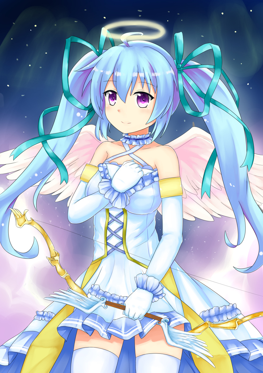1girl absurdres ahoge angel angel_wings aqua_ribbon bangs bare_shoulders blue_hair blush bow_(weapon) breasts closed_mouth collar collarbone commentary_request criss-cross_halter detached_collar dress elbow_gloves eyebrows_visible_through_hair feathered_wings feiyyx frilled_collar frilled_dress frills gloves hair_between_eyes hair_ribbon halo halterneck highres holding holding_bow_(weapon) holding_weapon long_hair looking_at_viewer medium_breasts miruno_(sennen_sensou_aigis) pink_wings ribbon sennen_sensou_aigis sidelocks sleeveless sleeveless_dress smile solo thigh-highs twintails very_long_hair violet_eyes weapon white_dress white_gloves white_legwear wings