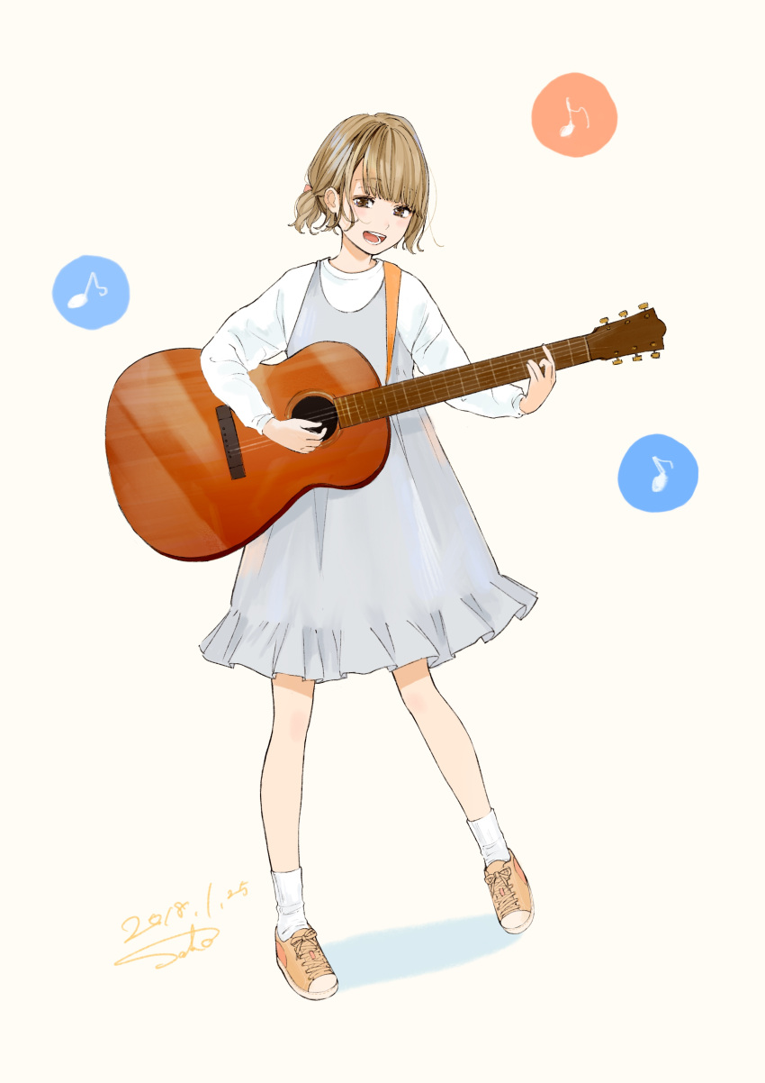 1girl absurdres acoustic_guitar artist_name bangs blonde_hair brown_eyes commentary_request dated dress eyebrows_visible_through_hair full_body guitar highres holding holding_instrument instrument long_sleeves looking_at_viewer music musical_note open_mouth original playing_instrument quaver sako_(user_ndpz5754) shoes short_hair simple_background singing sneakers socks solo standing teeth white_background white_legwear