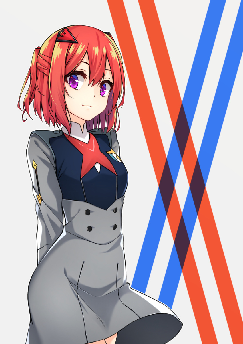 1girl arms_behind_back character_request commentary cosplay cowboy_shot darling_in_the_franxx half_updo healther highres looking_at_viewer military military_uniform original redhead short_hair simple_background smile solo uniform violet_eyes