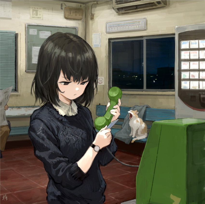 1girl :&lt; air_conditioner animal artist_name bangs bench black_eyes black_hair cat clothes_removed corded_phone floor highres holding holding_phone indoors jacket long_sleeves newspaper night no_smoking original pants payphone phone sho_(sho_lwlw) short_hair solo_focus sweater vending_machine watch watch window