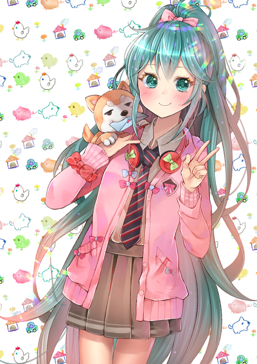 1girl abstract_background ahoge alternate_costume alternate_hairstyle animal animal_on_shoulder aqua_eyes aqua_hair black_neckwear blazer blush bow brown_skirt closed_mouth collared_shirt cowboy_shot dog dutch_angle emblem grey_shirt hair_bow hand_on_own_chest hatsune_miku headphones headphones_around_neck highres jacket letter long_hair long_sleeves love_letter mouth_hold narami necktie open_blazer open_clothes open_jacket pink_bow pink_jacket pleated_skirt ponytail red_bow school_uniform shirt skirt smile solo standing striped_neckwear thigh_gap unbuttoned v very_long_hair vocaloid wing_collar wrist_bow