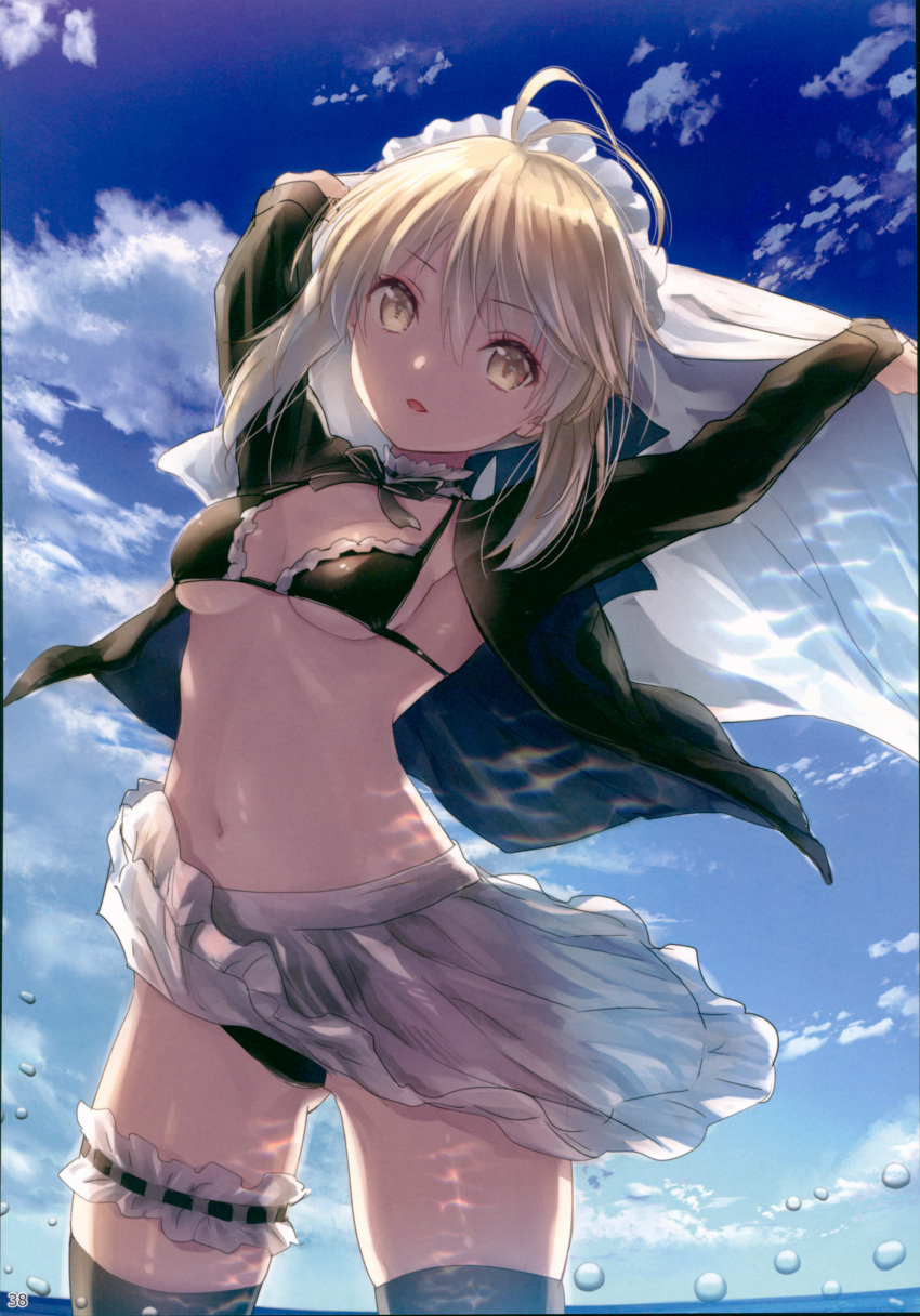 1girl absurdres apron arms_up artoria_pendragon_(all) artoria_pendragon_(swimsuit_rider_alter) backlighting bangs bikini black_bikini black_legwear blonde_hair blue_sky breasts choker clouds cloudy_sky cowboy_shot day eyebrows_visible_through_hair fate/grand_order fate_(series) fisheye frilled_apron frills gluteal_fold hair_between_eyes highres holding hood hoodie leg_garter legs_apart long_sleeves looking_at_viewer maid_bikini maid_headdress navel ocean open_clothes open_hoodie outdoors outstretched_arms parted_lips saber_alter scan see-through short_hair sidelocks sky small_breasts smile solo swimsuit thigh-highs thighs waist_apron water_drop yasuyuki yellow_eyes