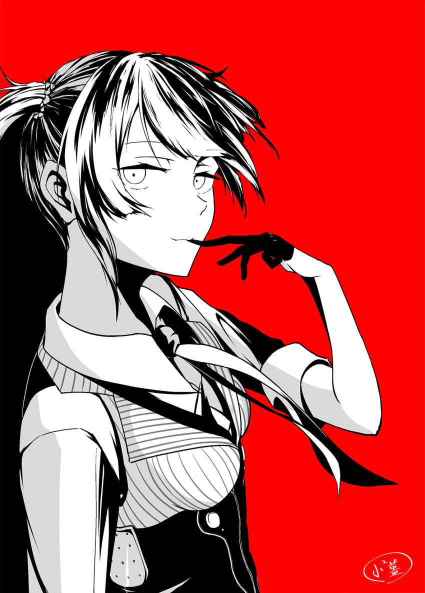 1girl arm_at_side bangs biting black_gloves braid breasts collared_shirt corset eyebrows_visible_through_hair floating_hair from_side girls_frontline glove_biting gloves half_gloves highres limited_palette looking_at_viewer medium_breasts necktie red_background shirt short_hair sidelocks signature simple_background sleeves_folded_up solo striped_vest twintails wangbrian welrod_mk2_(girls_frontline)