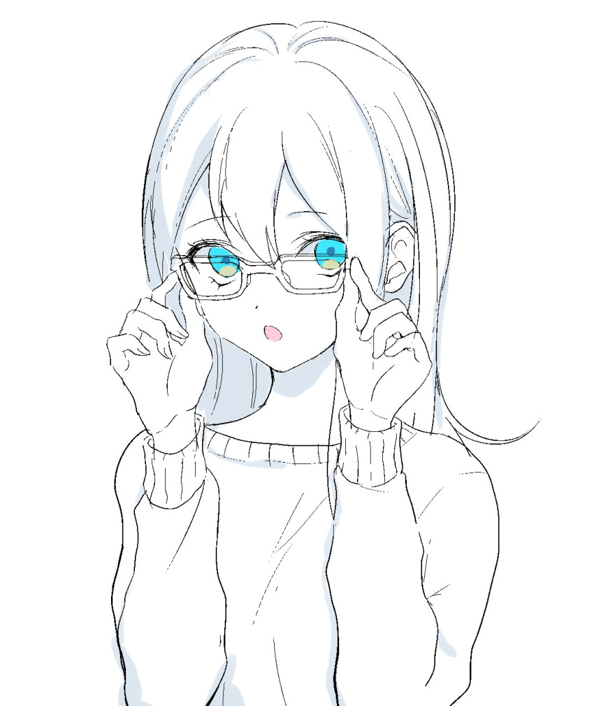 1girl :o adjusting_eyewear bangs blue_eyes commentary eyebrows_visible_through_hair fingernails glasses hair_between_eyes hands_up highres long_hair long_sleeves original p2_(uxjzz) partially_colored simple_background sketch solo sweater white_background