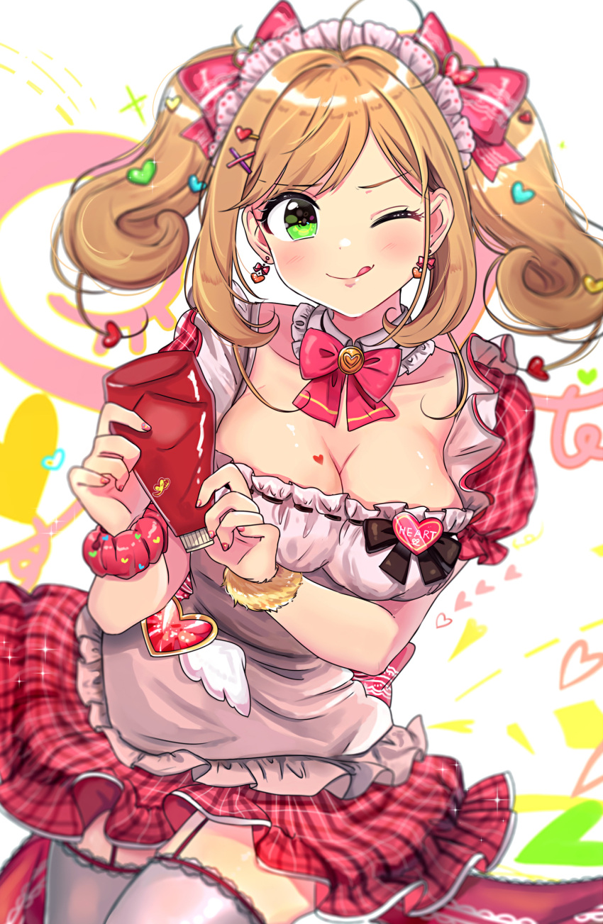 1girl :q ahoge apron blonde_hair blush bow breasts cleavage commentary cowboy_shot detached_collar earrings frills garter_straps green_eyes hair_bow hair_ornament hairpin heart heart_bow heart_earrings highres idolmaster idolmaster_cinderella_girls idolmaster_cinderella_girls_starlight_stage jewelry ketchup_bottle long_hair looking_at_viewer maid maid_headdress neck_bow one_eye_closed plaid plaid_skirt puffy_sleeves ribbon satou_shin scrunchie short_sleeves skirt smile solo thigh-highs tomato_omurice_melon tongue tongue_out twintails wrist_scrunchie