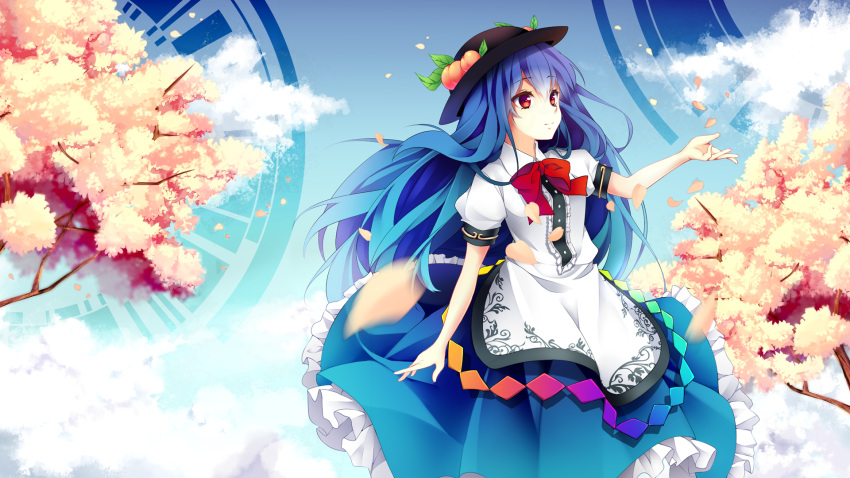 1girl apron bangs black_hat blue_hair blue_skirt blue_sky blurry bow bowtie cherry_blossoms closed_mouth clouds cloudy_sky collared_shirt cowboy_shot day eyebrows_visible_through_hair food fruit hat highres hinanawi_tenshi leaf long_hair long_skirt looking_to_the_side motion_blur outdoors outstretched_arm outstretched_hand peach petals puffy_short_sleeves puffy_sleeves rainbow_gradient rainbow_order red_bow red_eyes red_neckwear riniuu shirt short_sleeves skirt sky smile solo touhou tree white_shirt wind
