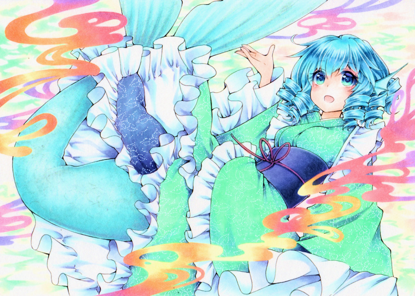1girl bangs blue_eyes blue_hair breasts drill_hair eyebrows_visible_through_hair frilled_kimono frills full_body funnyfunny green_kimono hand_up head_fins japanese_clothes kimono long_sleeves looking_up lying medium_breasts mermaid monster_girl obi on_back open_mouth sash smile solo touhou traditional_media wakasagihime wide_sleeves