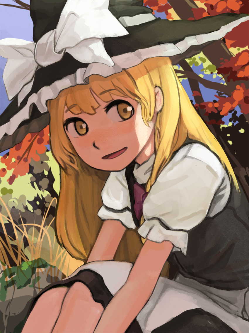 1girl apron autumn bangs black_dress blonde_hair blush bow dress grass hat hat_bow highres kirisame_marisa long_hair looking_to_the_side outdoors permanentlow puffy_sleeves purple_bow shade short_sleeves sitting smile solo touhou tree waist_apron white_bow witch_hat yellow_eyes