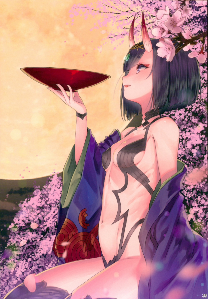 1girl absurdres black_hair black_legwear breasts cherry_blossoms clouds cloudy_sky cup fang fate/grand_order fate_(series) full_moon highres holding horns japanese_clothes kimono looking_up moon navel night night_sky oni_horns outdoors petals sakazuki scan short_hair shuten_douji_(fate/grand_order) sitting sky small_breasts smile solo thigh-highs violet_eyes wide_sleeves yasuyuki