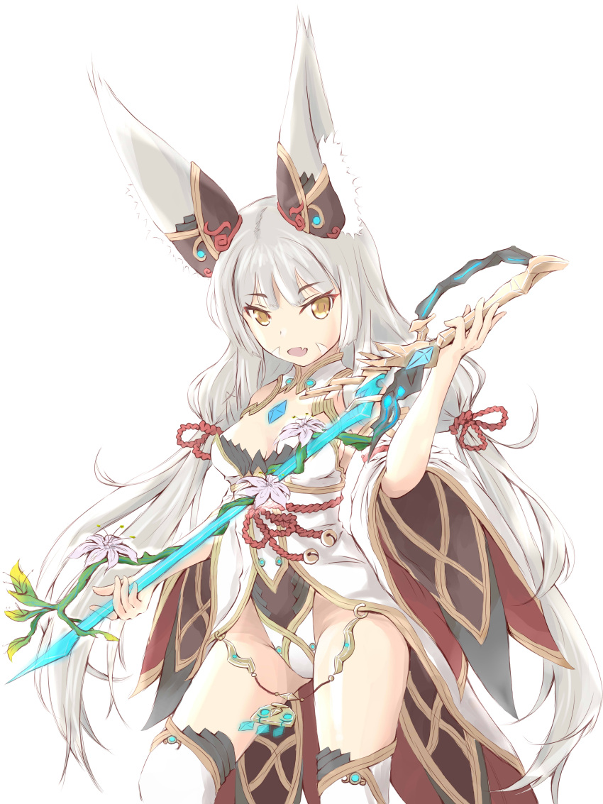 1girl absurdres animal_ears bangs bell breasts cleavage cowboy_shot fang highres holding holding_weapon jingle_bell kwanchung_ho long_hair looking_at_viewer low-tied_long_hair niyah open_mouth rope standing thigh-highs thighs weapon white_background white_hair white_legwear wide_sleeves xenoblade xenoblade_2 yellow_eyes