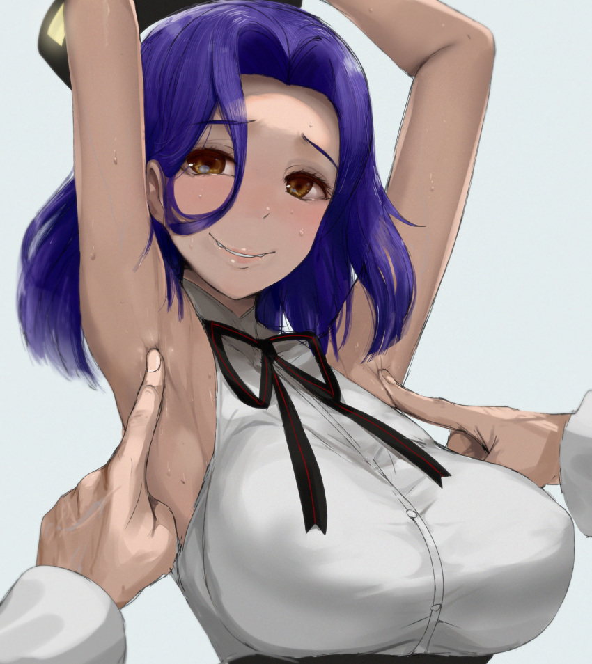 1girl armpits arms_up breasts brown_eyes buttons grey_background highres kantai_collection kusaka_souji large_breasts mechanical_halo open_mouth purple_hair remodel_(kantai_collection) short_hair simple_background smile solo_focus tatsuta_(kantai_collection)