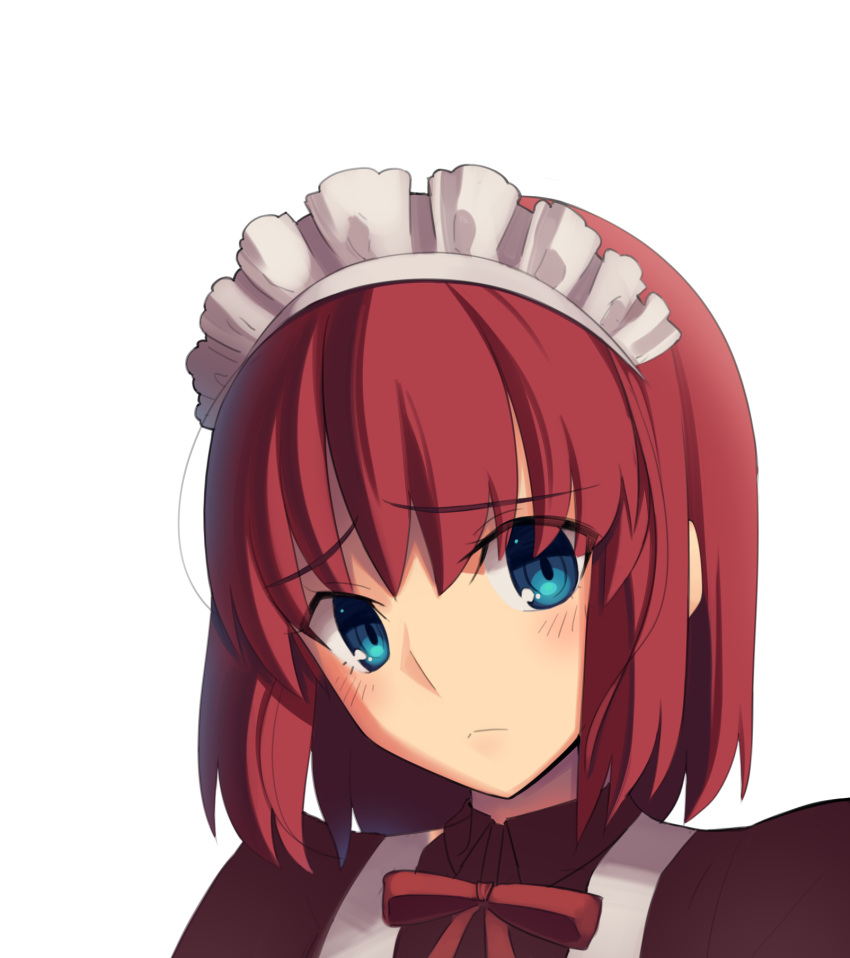 1girl apron bangs blue_eyes blush boa_(brianoa) closed_mouth commentary eyebrows_visible_through_hair face highres hisui looking_at_viewer maid maid_headdress neck_ribbon puffy_sleeves red_neckwear red_ribbon redhead ribbon sad short_hair solo transparent_background tsukihime upper_body white_apron wing_collar