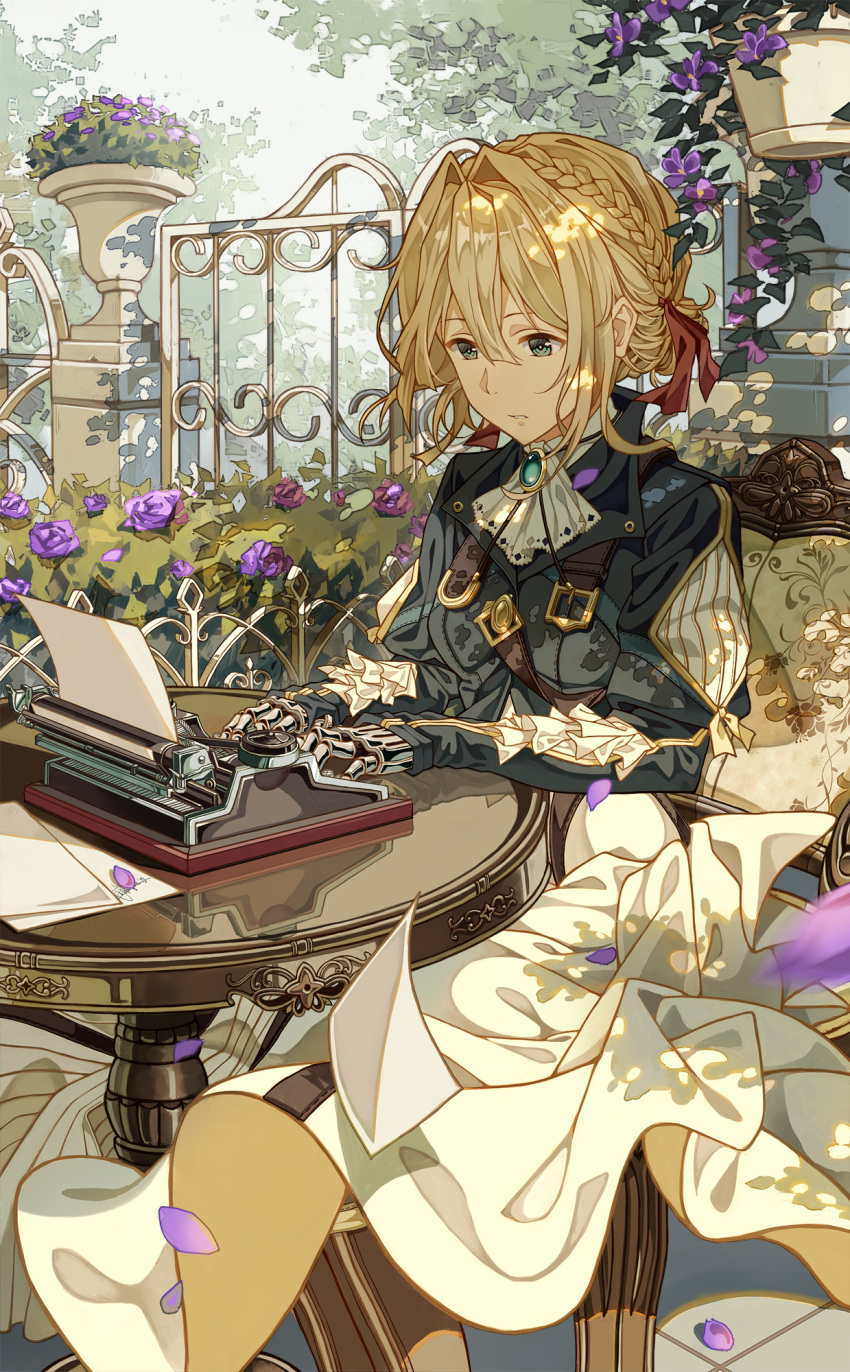 1girl belt blonde_hair blue_dress bolo_tie boots braid brown_footwear cheese_kang commentary day dress flower green_eyes hair_ribbon highres knee_boots mechanical_arms outdoors papers petals red_ribbon revision ribbon sitting skirt solo table tree typewriter typing violet_evergarden violet_evergarden_(character) white_skirt wind