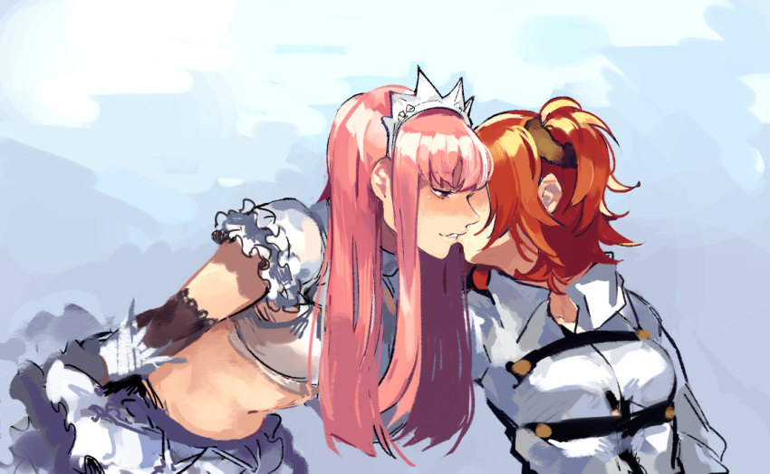 2girls blue_background blush commentary_request crop_top crown elbow_gloves eyebrows_visible_through_hair fate/grand_order fate_(series) from_side fujimaru_ritsuka_(female) gloves grey_jacket hair_ornament hair_scrunchie idk-kun jacket kiss leaning_forward long_hair medb_(fate/grand_order) multiple_girls navel one_side_up orange_hair parted_lips pink_hair profile scrunchie short_hair short_sleeves smile wing_collar yuri