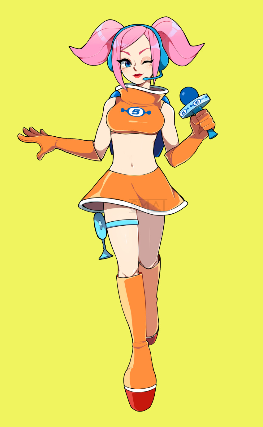 1girl ;) absurdres bangs blue_eyes boots breasts commentary crop_top elbow_gloves energy_gun full_body gloves headset high_collar highres holster knee_boots lipstick makeup medium_breasts microphone miniskirt navel one_eye_closed orange_footwear orange_gloves orange_skirt pink_hair platform_boots ray_gun sami_briggs short_hair short_twintails skirt smile solo space_channel_5 stomach swept_bangs thigh_holster twintails ulala watermark weapon yellow_background