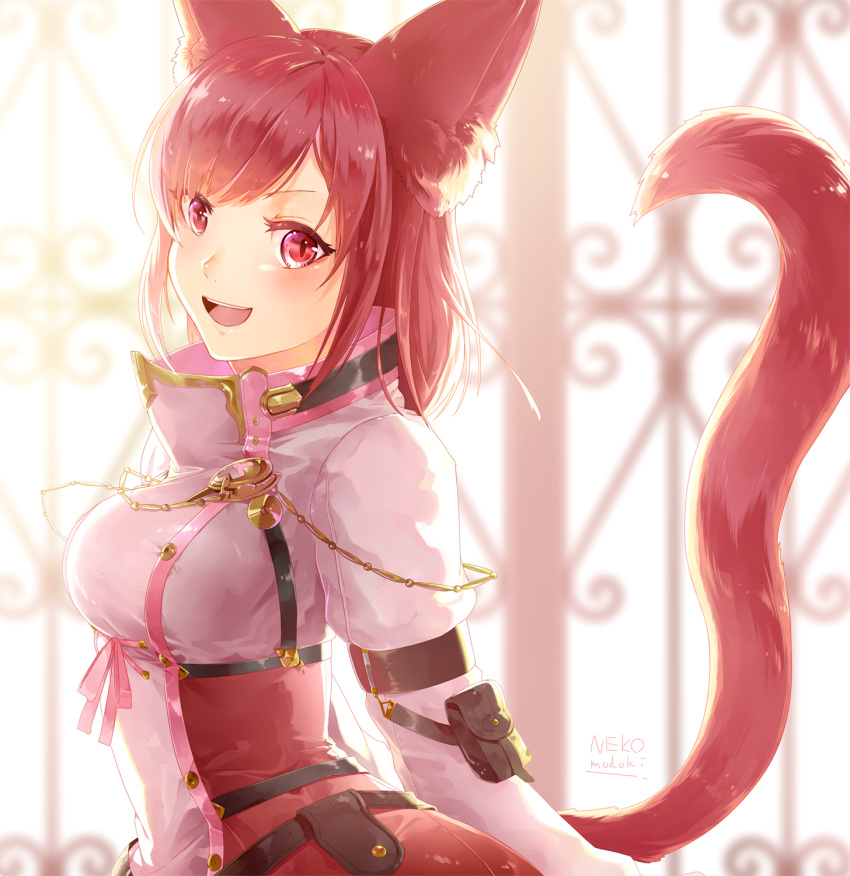 1girl :d animal_ears arms_behind_back artist_name bangs blush cat_ears cat_tail final_fantasy final_fantasy_xiv highres lili_mdoki looking_at_viewer miqo'te open_mouth red_eyes redhead short_hair slit_pupils smile solo tail upper_body