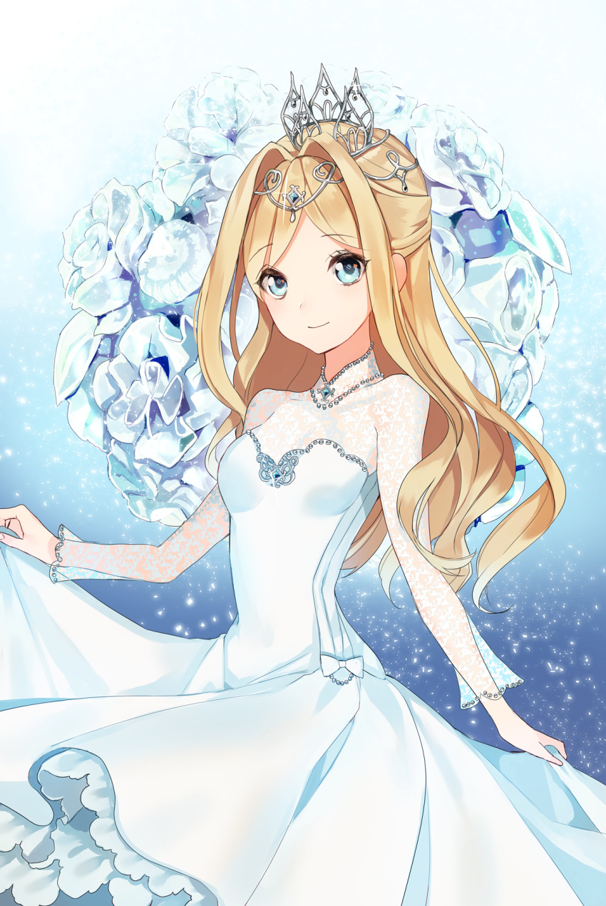 1girl bangs blonde_hair blue_eyes bow breasts closed_mouth commentary_request derori dress eyebrows_visible_through_hair flower hair_intakes highres jewelry lace long_hair long_sleeves looking_at_viewer medium_breasts official_art original pendant skirt_hold smile solo tiara white_bow white_dress
