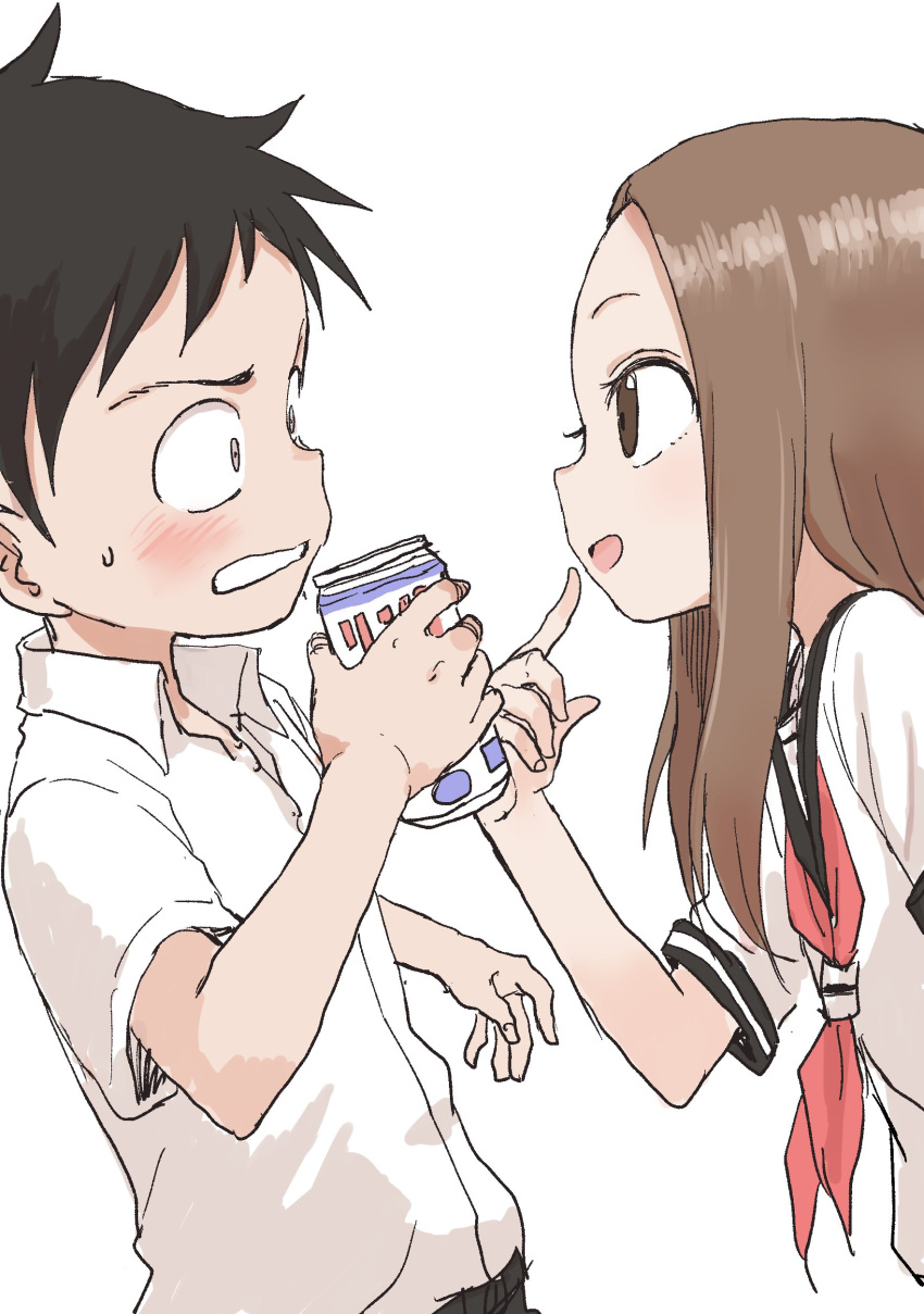 1boy 1girl :d absurdres black_hair black_sailor_collar blush brown_eyes brown_hair collared_shirt commentary_request embarrassed eye_contact from_side highres holding index_finger_raised indirect_kiss karakai_jouzu_no_takagi-san looking_at_another neckerchief nishikata open_mouth profile red_neckwear sailor_collar sanpaku school_uniform serafuku shirt short_sleeves simple_background smile sweatdrop takagi-san white_background white_shirt wide-eyed wing_collar yamamoto_souichirou