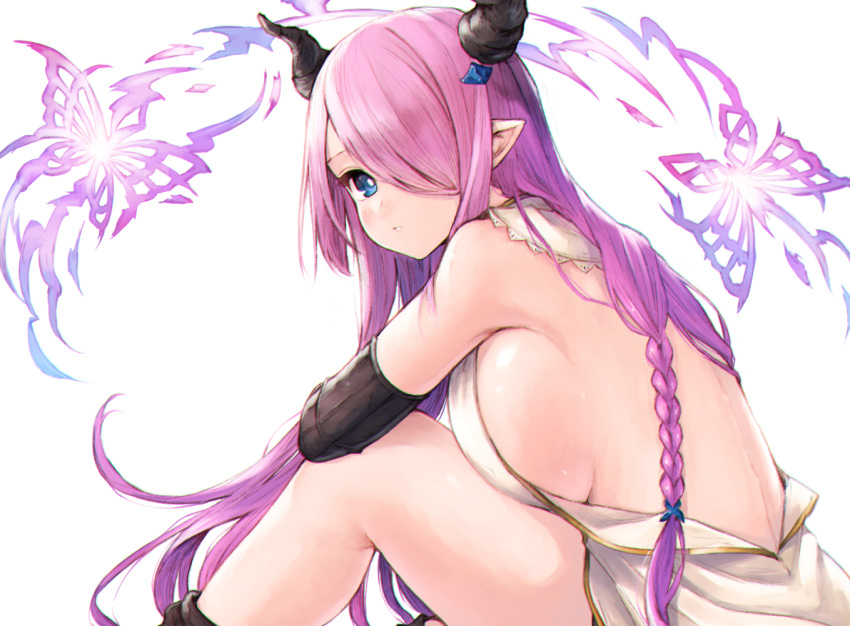 1girl back backless_outfit bare_legs bare_shoulders black_gloves blue_eyes braid breasts doraf dress elbow_gloves from_side gloves granblue_fantasy hair_ornament hair_over_one_eye hairpin horns knee_up koretsuki_azuma large_breasts long_hair looking_at_viewer narumeia_(granblue_fantasy) open-back_dress pointy_ears purple_hair sideboob simple_background single_braid sitting solo very_long_hair white_background white_dress