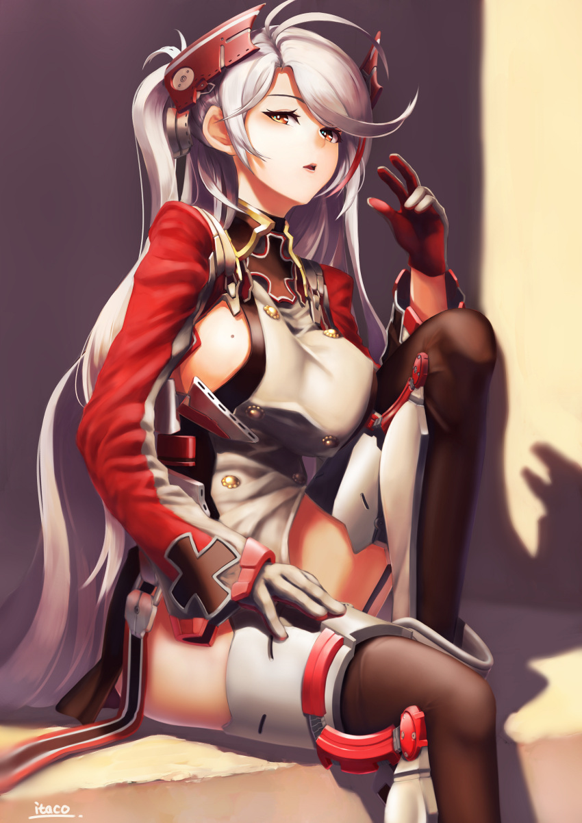 1girl artist_name azur_lane bent_knee black_legwear breasts commentary_request gloves hand_on_leg headgear highres itaco1987 long_hair looking_at_viewer machinery mole mole_on_breast parted_lips ponytail prinz_eugen_(azur_lane) red_eyes shadow sideboob sitting thigh-highs thighs very_long_hair wall white_hair