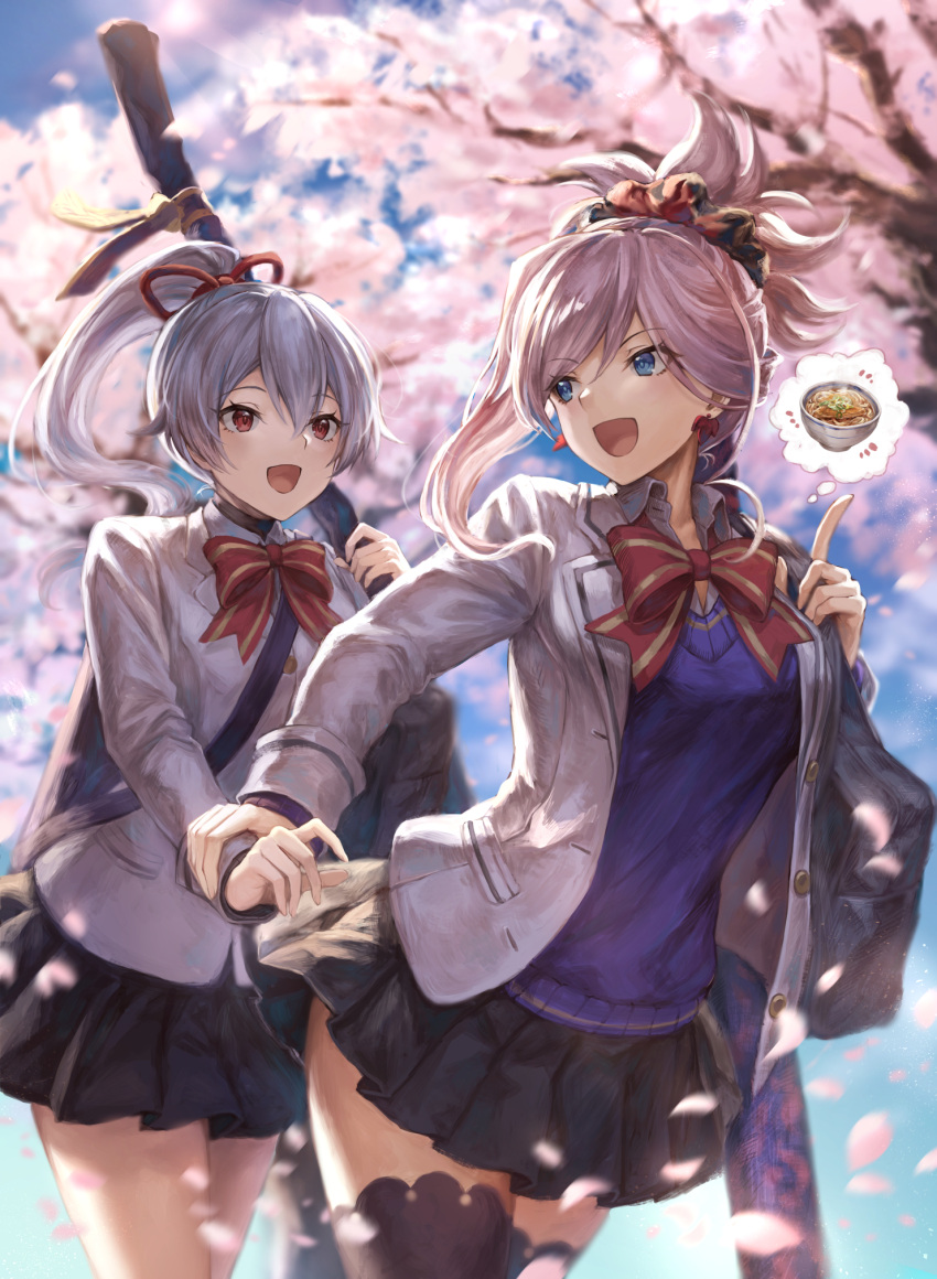 2girls :d bag bangs black_legwear black_skirt blue_eyes blue_sweater blurry blurry_background bow bowl bowtie cherry_blossoms day detached_sleeves duffel_bag earrings eyebrows_visible_through_hair fate/grand_order fate_(series) food grey_jacket hair_ornament hair_scrunchie hand_holding high_ponytail highres index_finger_raised jacket jewelry long_hair long_sleeves looking_at_viewer looking_back mashu_003 miniskirt miyamoto_musashi_(fate/grand_order) multiple_girls open_clothes open_jacket open_mouth outdoors pink_hair red_bow red_eyes red_neckwear red_ribbon ribbon school_uniform scrunchie skirt smile soup sun sunlight sweater swept_bangs thigh-highs thought_bubble tomoe_gozen_(fate/grand_order) tree unbuttoned weapon_bag zettai_ryouiki